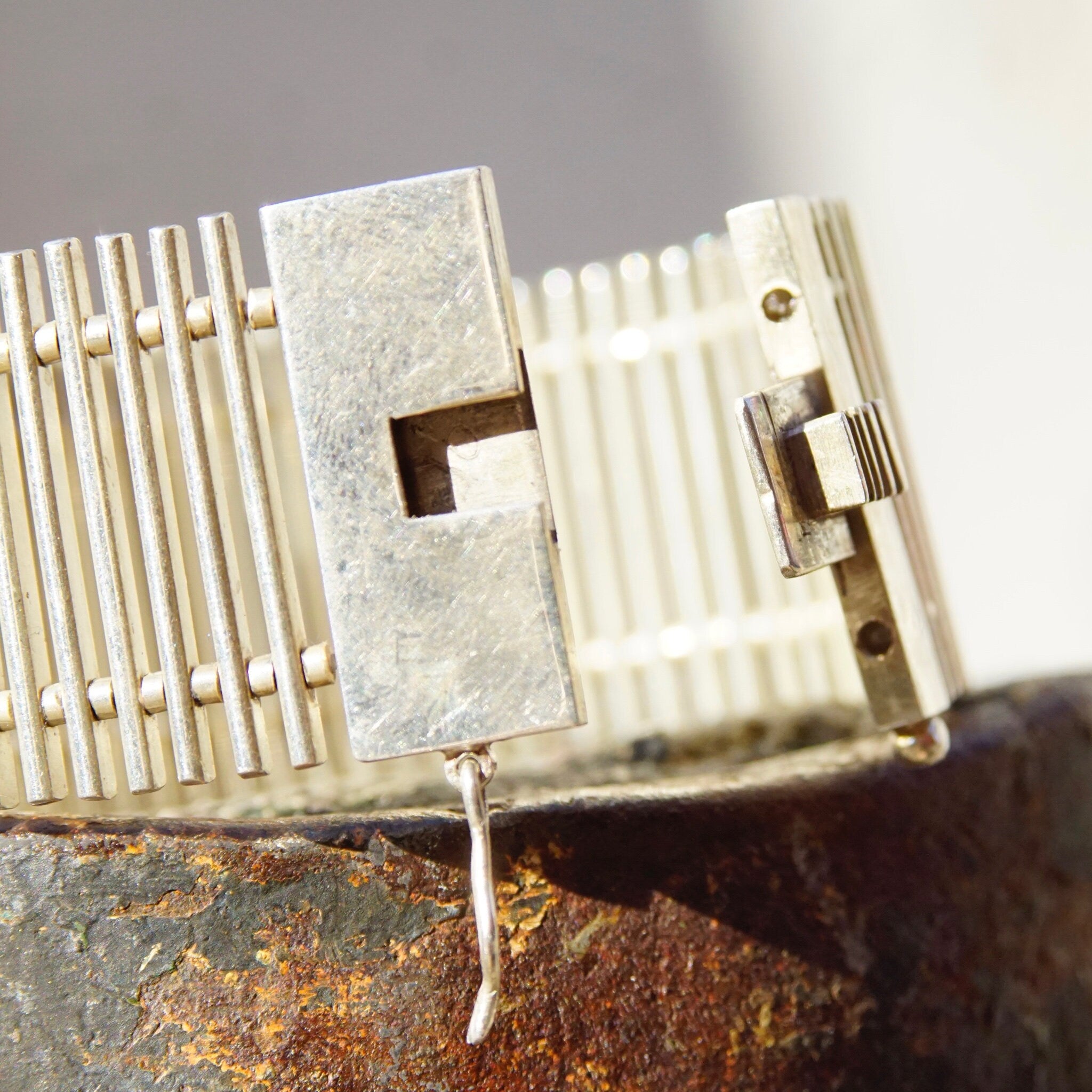 Vintage TAXCO Sterling Silver Link Clasp Bracelet, Modernist Silver Bracelet, Thick Silver Bracelet With Cut Out Design, 925 Jewelry