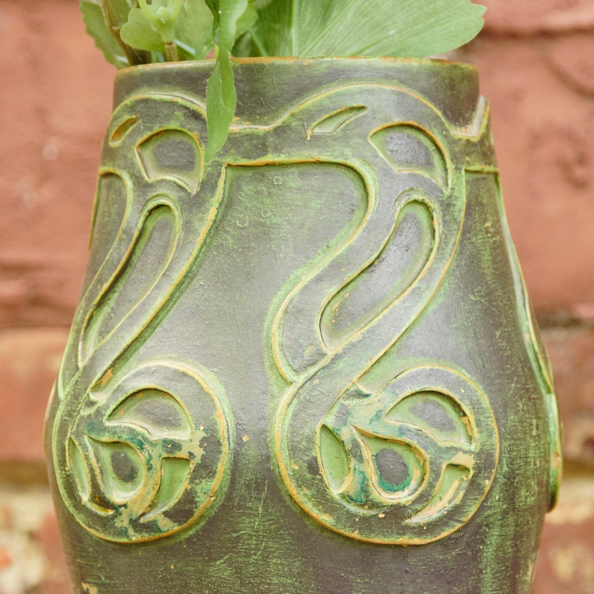 Vintage Danish Sknvirke Stoneware Vase, Hand Sculpted Pottery, Rustic Green Vase, Nouveau Style Raised Design, BC Copenhagen