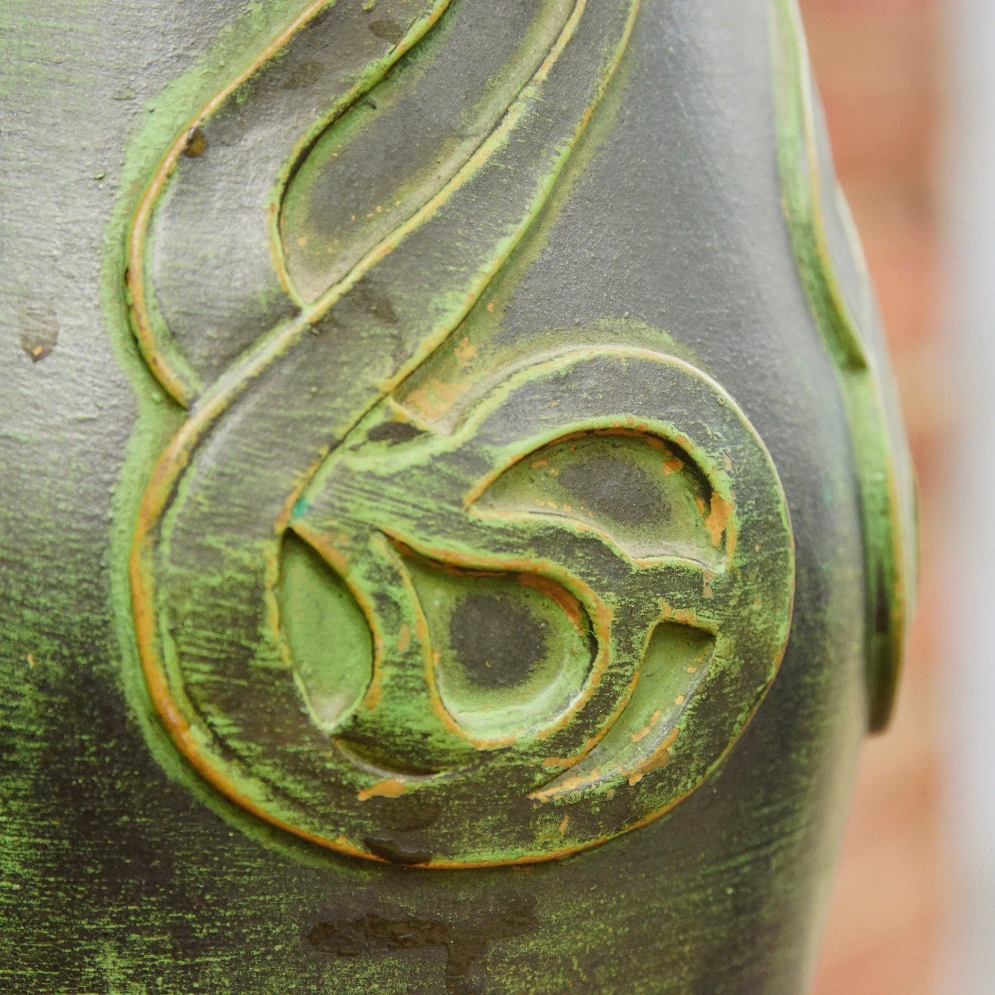 Vintage Danish Sknvirke Stoneware Vase, Hand Sculpted Pottery, Rustic Green Vase, Nouveau Style Raised Design, BC Copenhagen