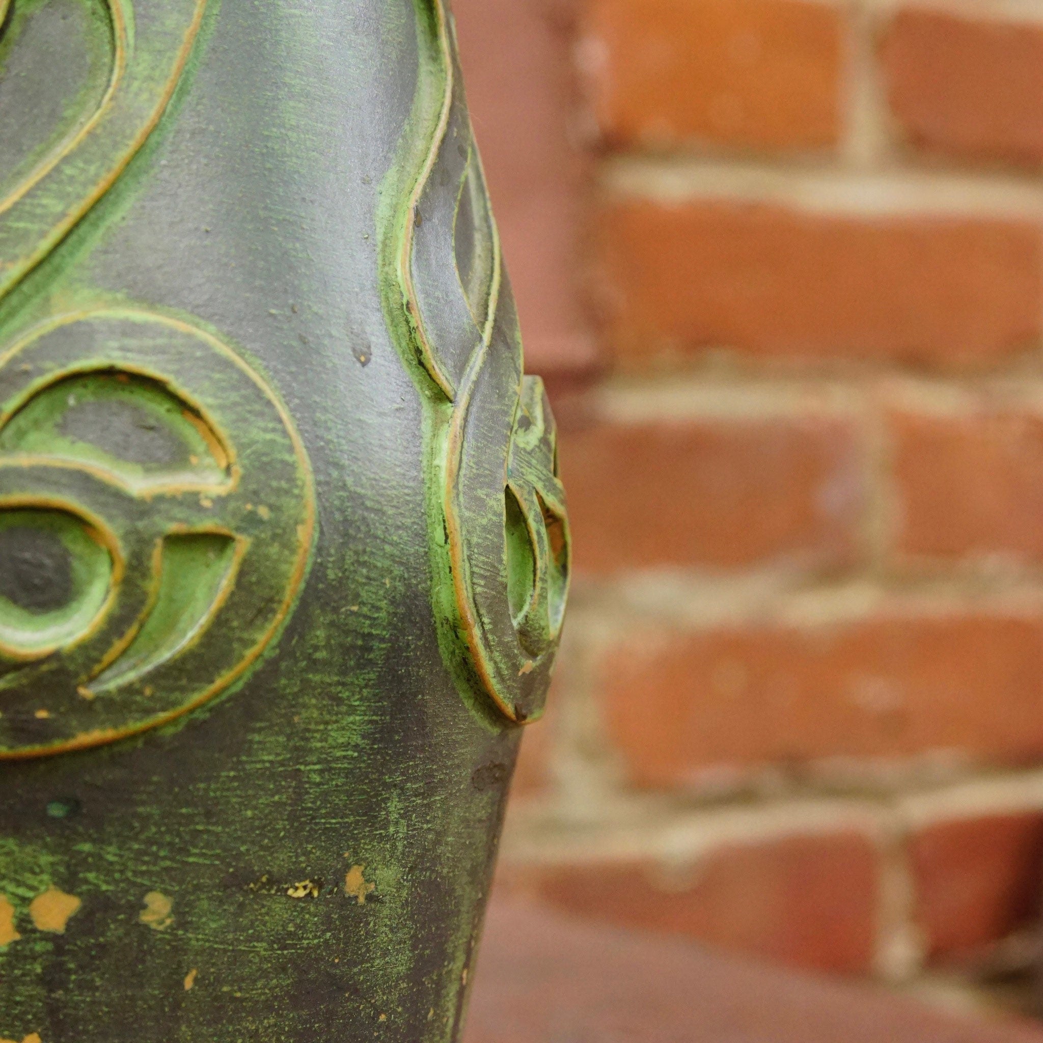 Vintage Danish Sknvirke Stoneware Vase, Hand Sculpted Pottery, Rustic Green Vase, Nouveau Style Raised Design, BC Copenhagen