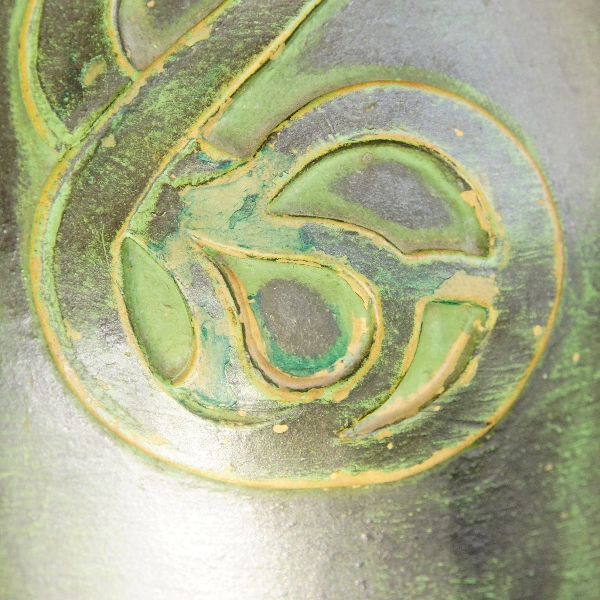 Vintage Danish Sknvirke Stoneware Vase, Hand Sculpted Pottery, Rustic Green Vase, Nouveau Style Raised Design, BC Copenhagen