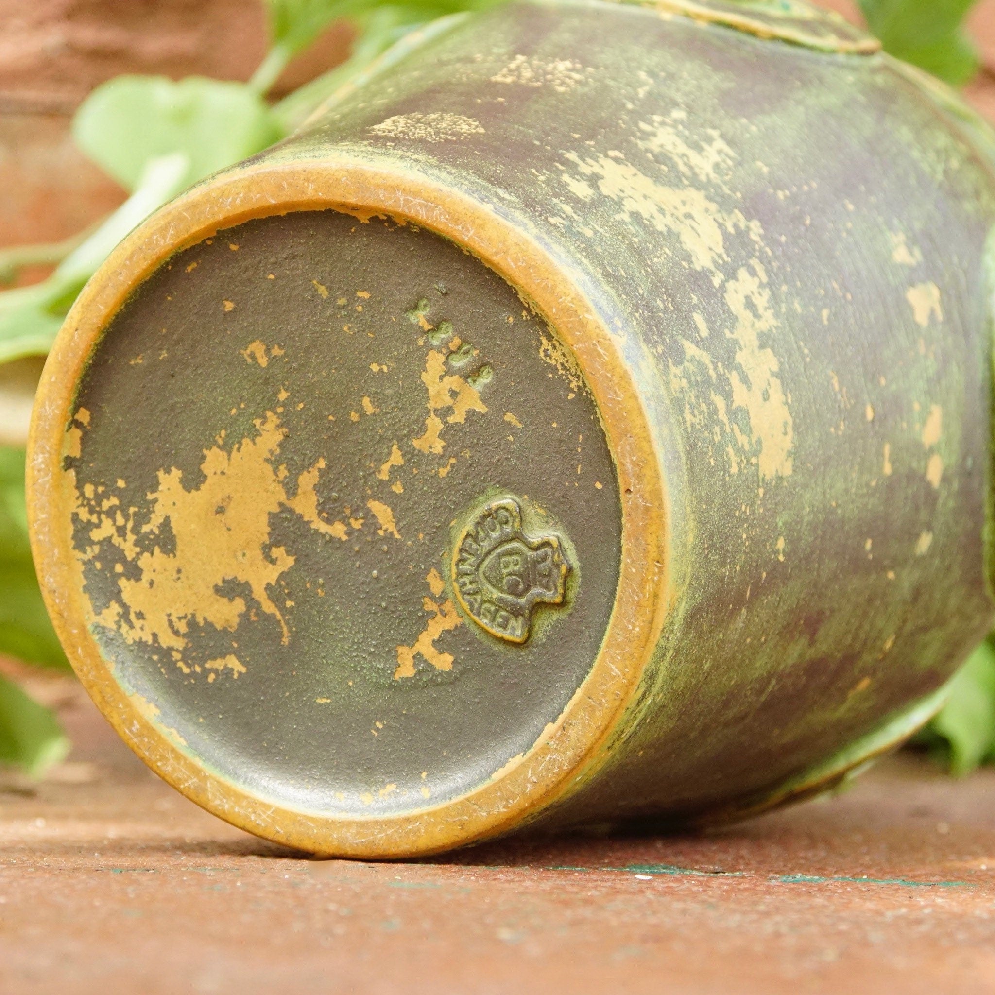 Vintage Danish Sknvirke Stoneware Vase, Hand Sculpted Pottery, Rustic Green Vase, Nouveau Style Raised Design, BC Copenhagen