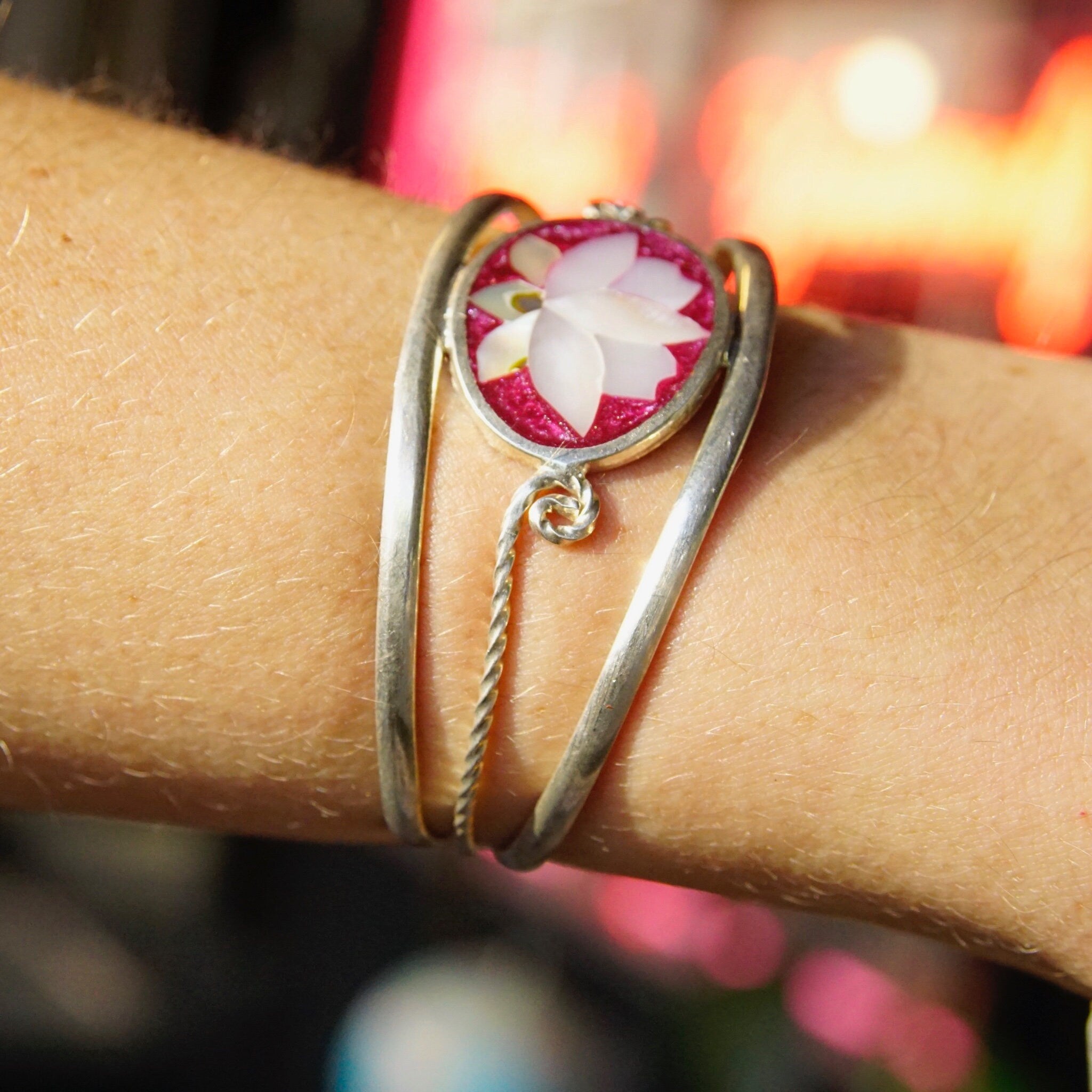 Vintage Alpaca Silver Mother of Pearl & Abalone Lotus Flower Cuff, Pink Enamel With Inlaid Shell Design, Silver Cut Out Cuff, Adjustable