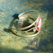 Vintage Alpaca Silver Mother of Pearl & Abalone Lotus Flower Cuff, Pink Enamel With Inlaid Shell Design, Silver Cut Out Cuff, Adjustable