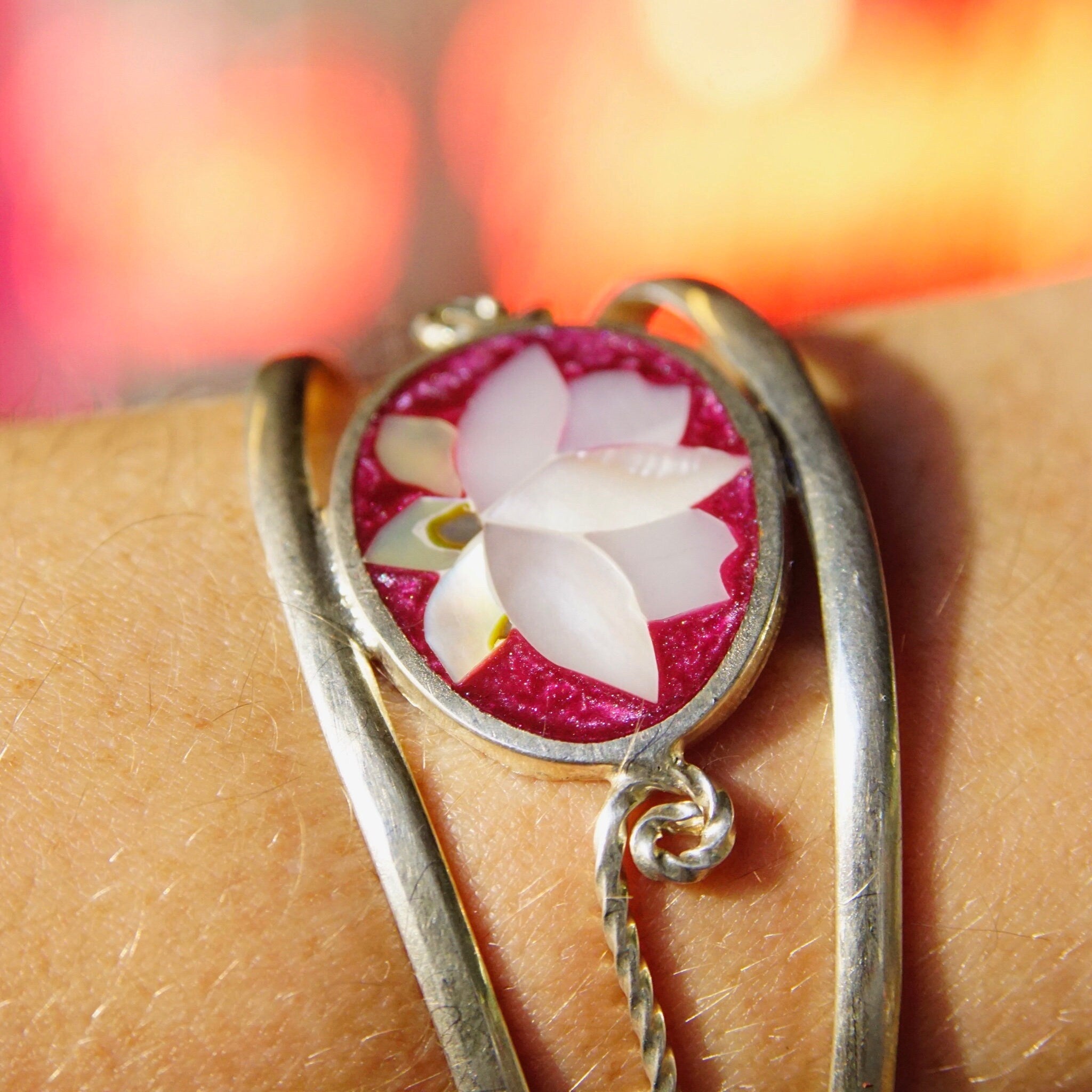 Vintage Alpaca Silver Mother of Pearl & Abalone Lotus Flower Cuff, Pink Enamel With Inlaid Shell Design, Silver Cut Out Cuff, Adjustable