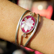 Vintage Alpaca Silver Mother of Pearl & Abalone Lotus Flower Cuff, Pink Enamel With Inlaid Shell Design, Silver Cut Out Cuff, Adjustable