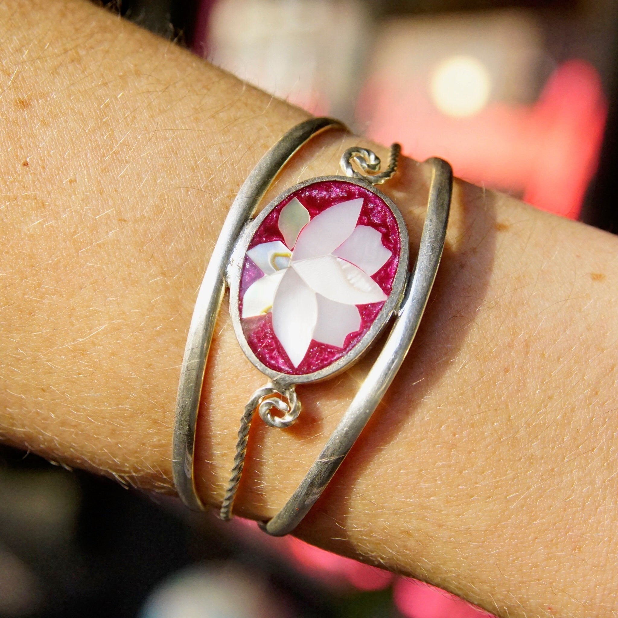 Vintage Alpaca Silver Mother of Pearl & Abalone Lotus Flower Cuff, Pink Enamel With Inlaid Shell Design, Silver Cut Out Cuff, Adjustable