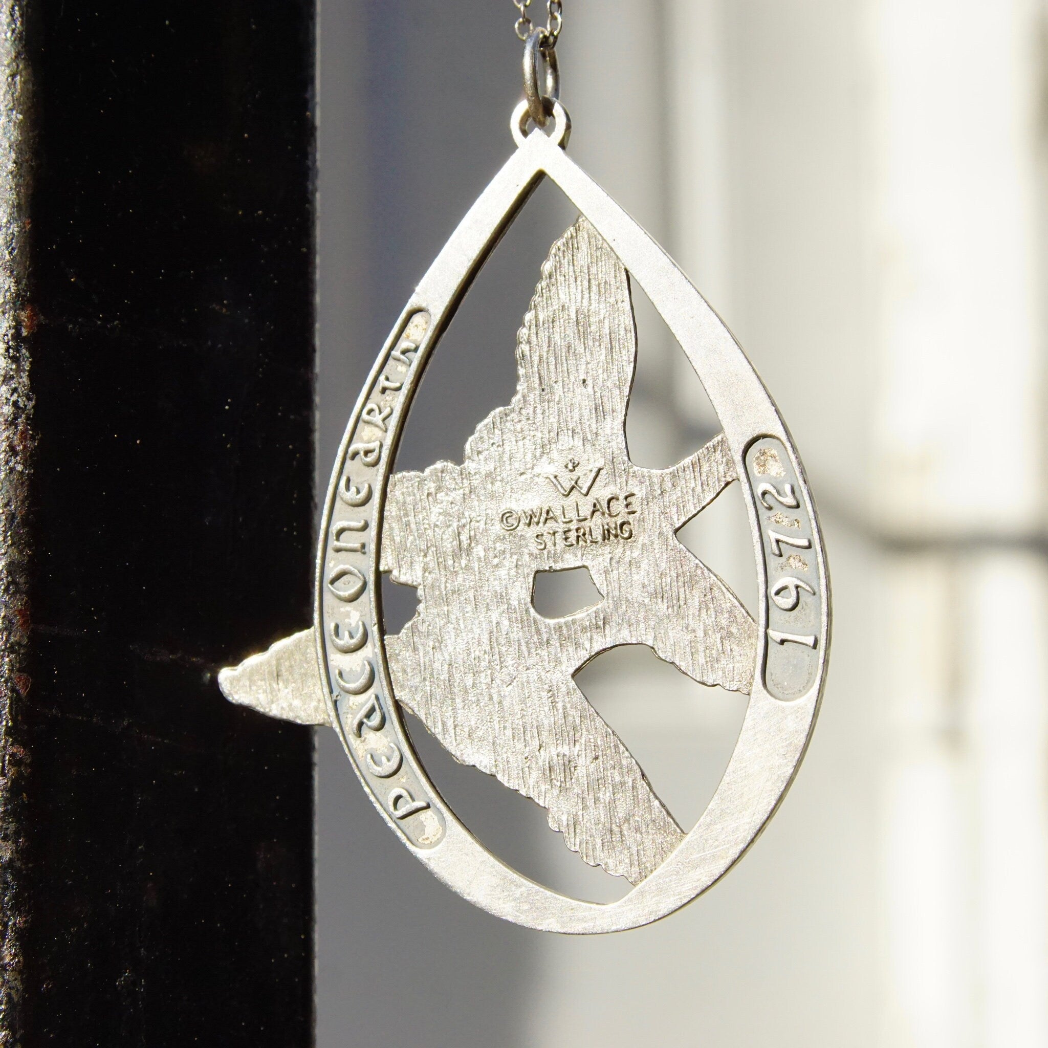 Vintage Peace On Earth 1972 Flying Doves Teardrop Pendant, Wallace Sterling Silver Embossed Dove Pendant, Large Silver Pendant, 2 3/4"