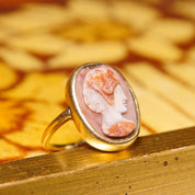 Vintage 14k Gold Cameo Ring, Classic Relief Cameo With Two Faced Figure, Unique Shell Carving, Yellow Gold Setting, Cut Band, Size 5 US