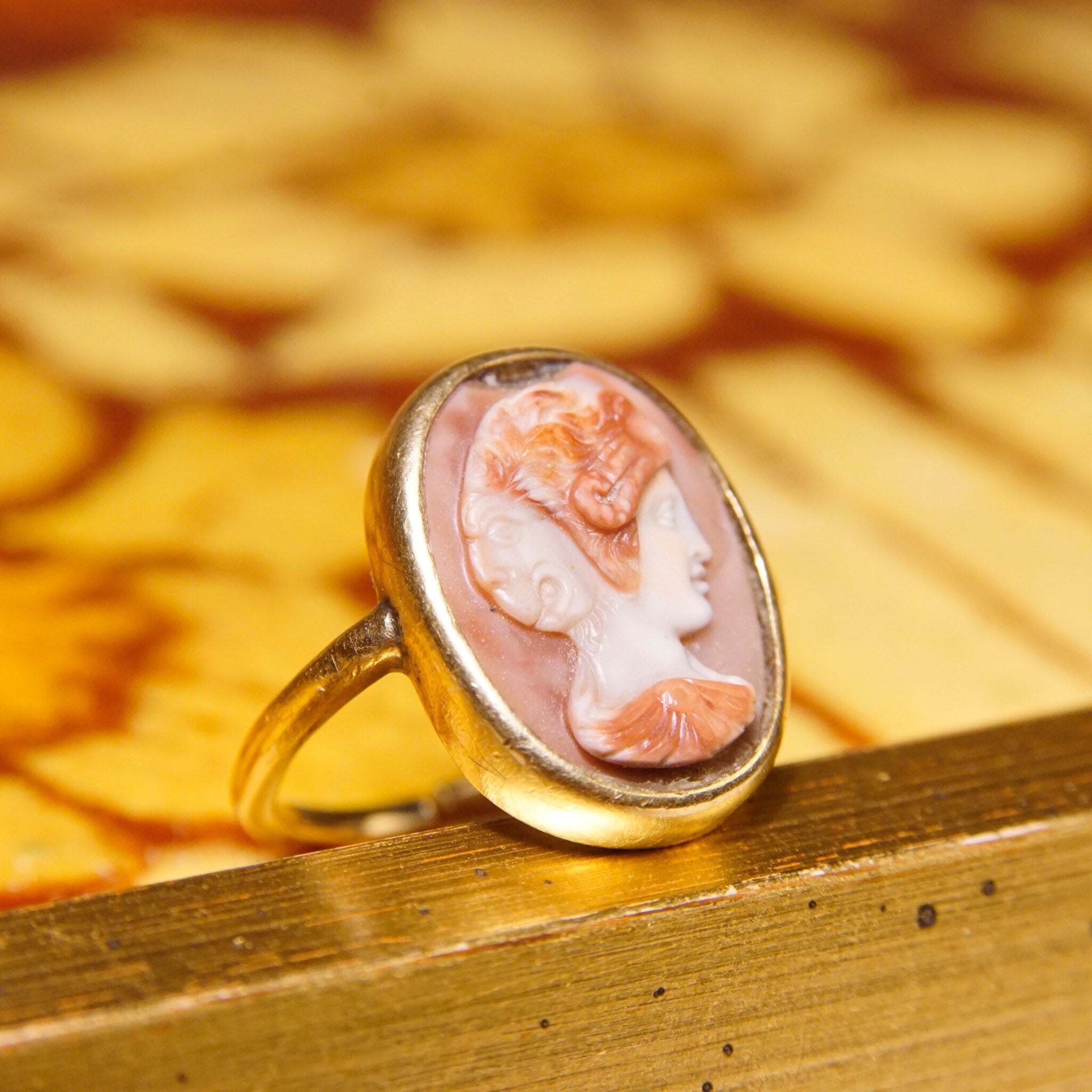 Vintage 14k Gold Cameo Ring, Classic Relief Cameo With Two Faced Figure, Unique Shell Carving, Yellow Gold Setting, Cut Band, Size 5 US