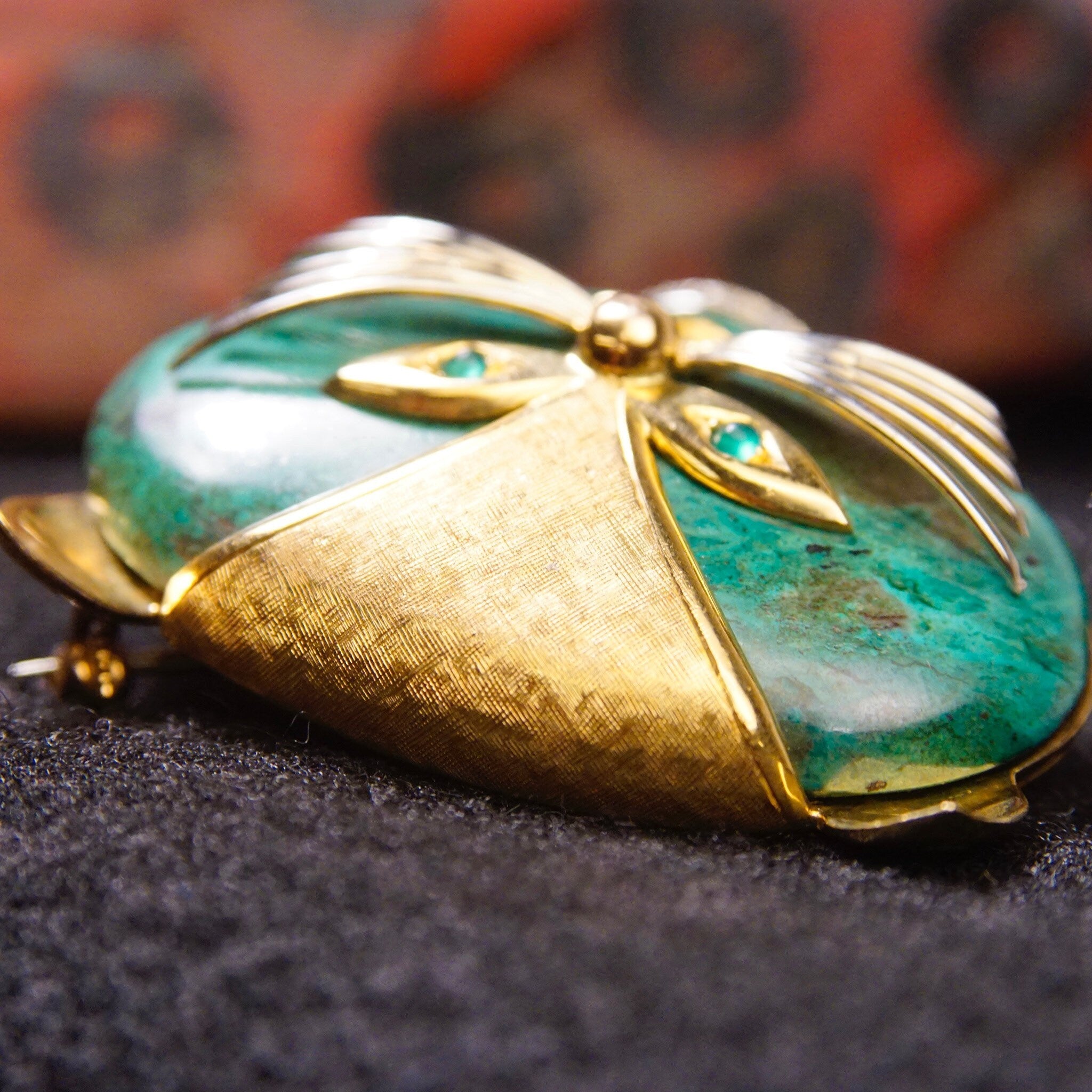 Vintage 18K Gold Diamond Malachite Cat Brooch, Yellow & White Gold, Large Green Cat Pin, Gold Tassel Diamond Collar, Unique Brooch, 750