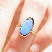Antique 10K Gold Opal Inlay Ring, Iridescent Blue Opal Stone, Petite Yellow Gold Ring, Worn/Broke Stone, Size 4 US