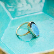 Antique 10K Gold Opal Inlay Ring, Iridescent Blue Opal Stone, Petite Yellow Gold Ring, Worn/Broke Stone, Size 4 US