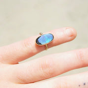 Antique 10K Gold Opal Inlay Ring, Iridescent Blue Opal Stone, Petite Yellow Gold Ring, Worn/Broke Stone, Size 4 US