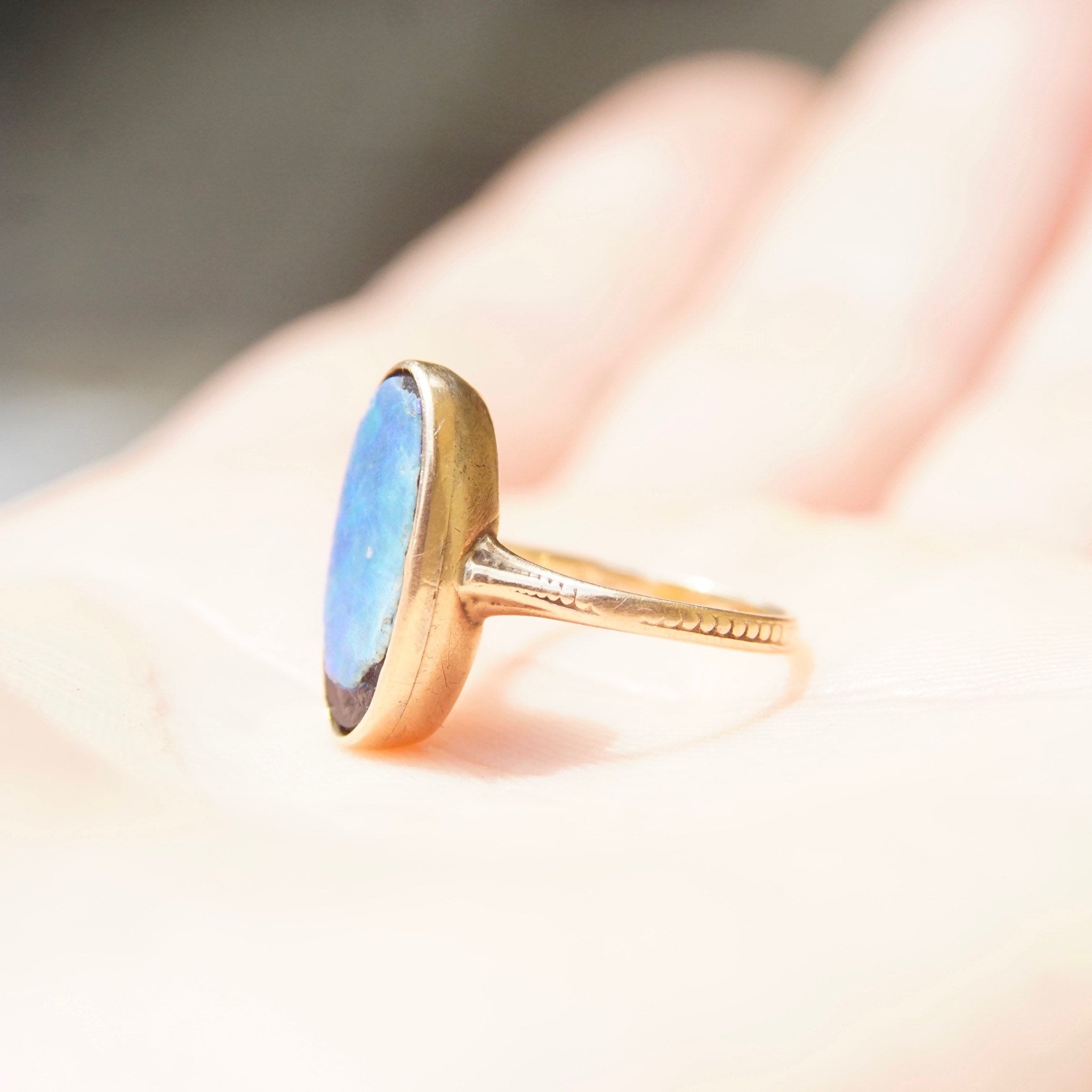 Antique 10K Gold Opal Inlay Ring, Iridescent Blue Opal Stone, Petite Yellow Gold Ring, Worn/Broke Stone, Size 4 US