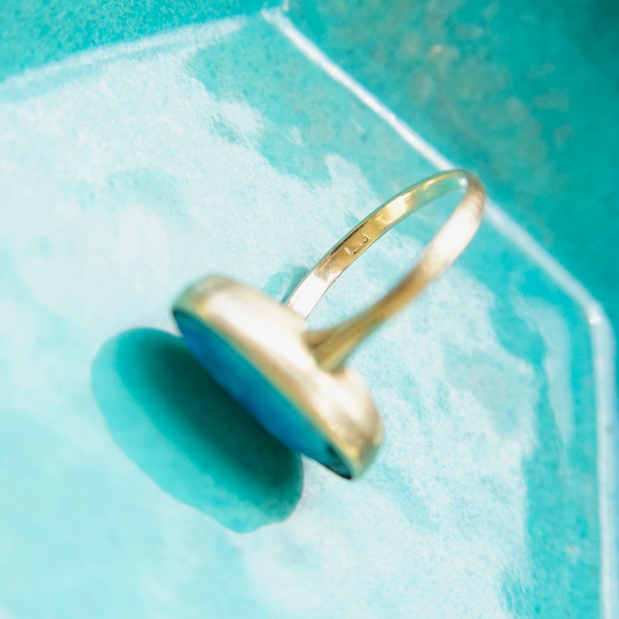Antique 10K Gold Opal Inlay Ring, Iridescent Blue Opal Stone, Petite Yellow Gold Ring, Worn/Broke Stone, Size 4 US