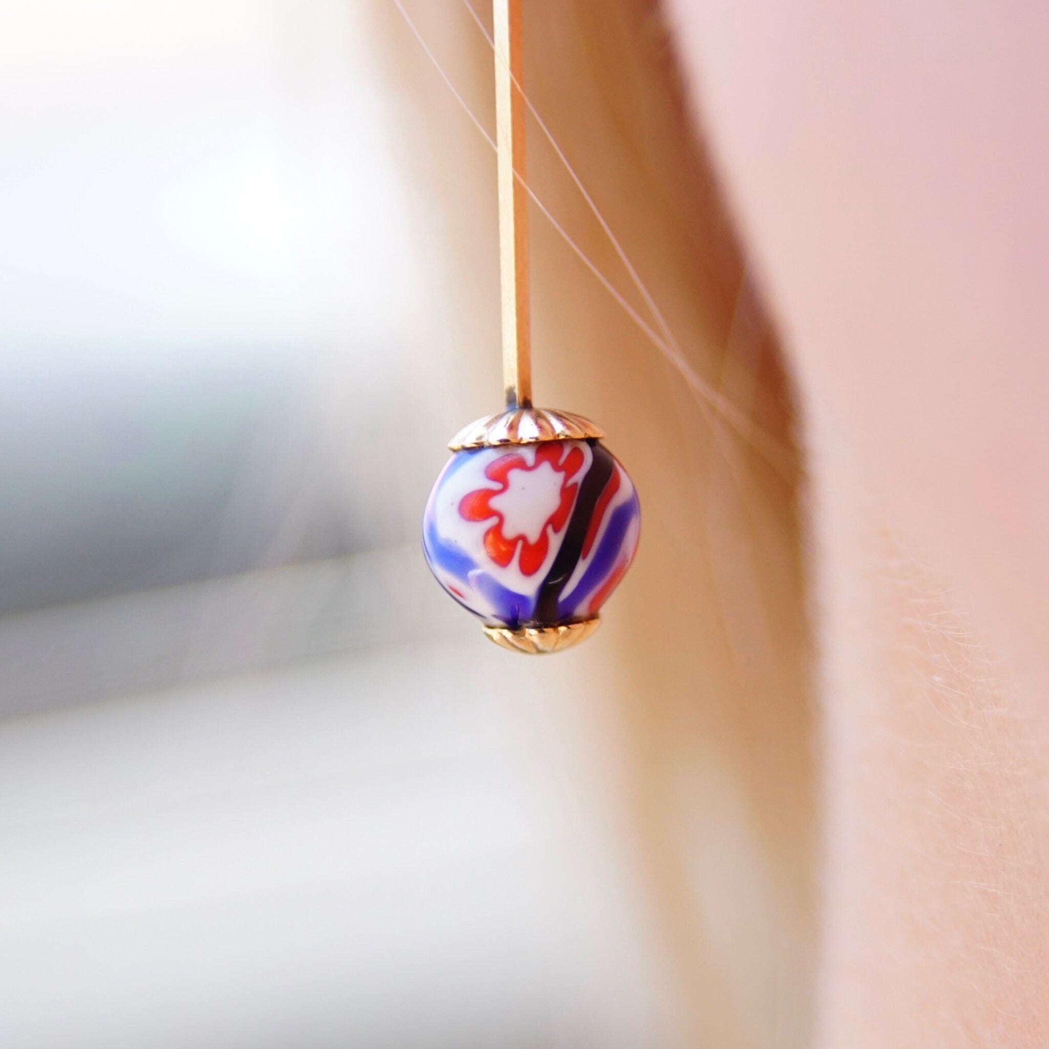 Vintage 14K Gold Millefiori Bead Drop Earrings, Gold Stick Earrings With Color Italian Glass Bead, Unique Gold Stud Dangle Earrings, 1.5" L