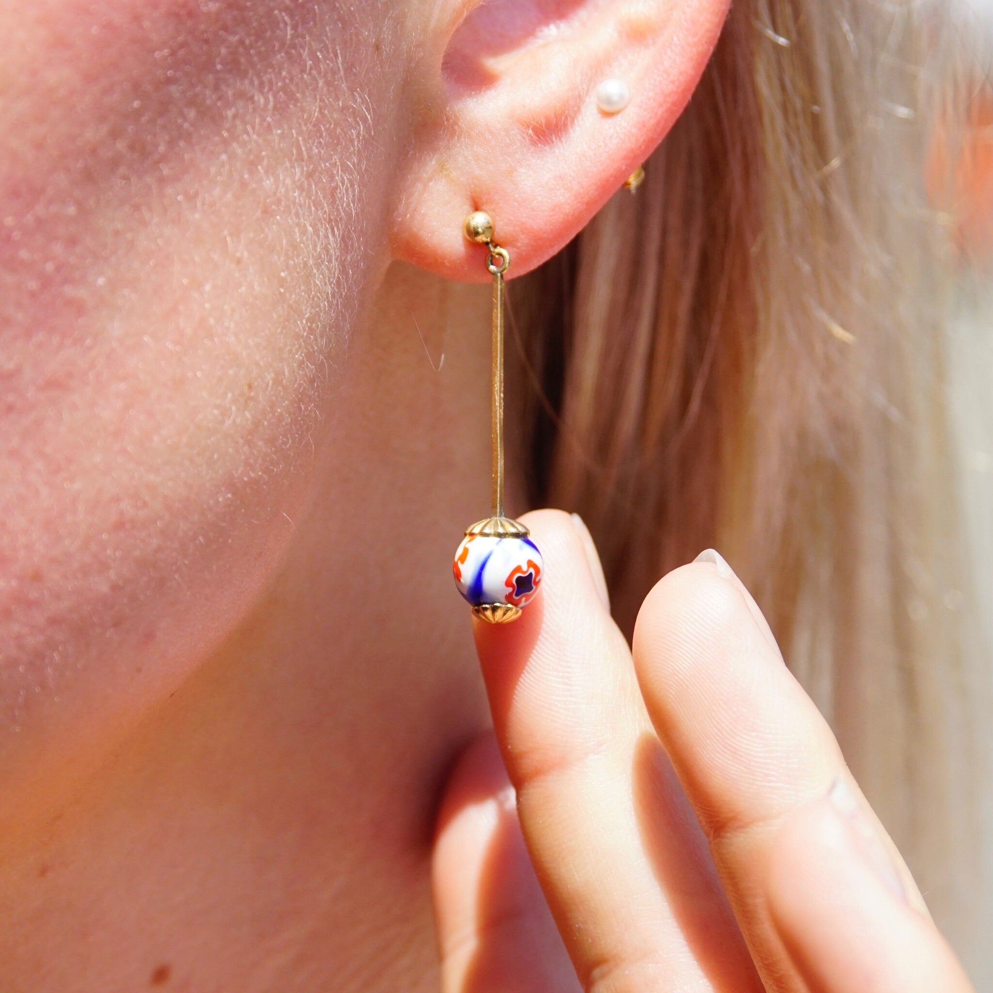 Vintage 14K Gold Millefiori Bead Drop Earrings, Gold Stick Earrings With Color Italian Glass Bead, Unique Gold Stud Dangle Earrings, 1.5" L
