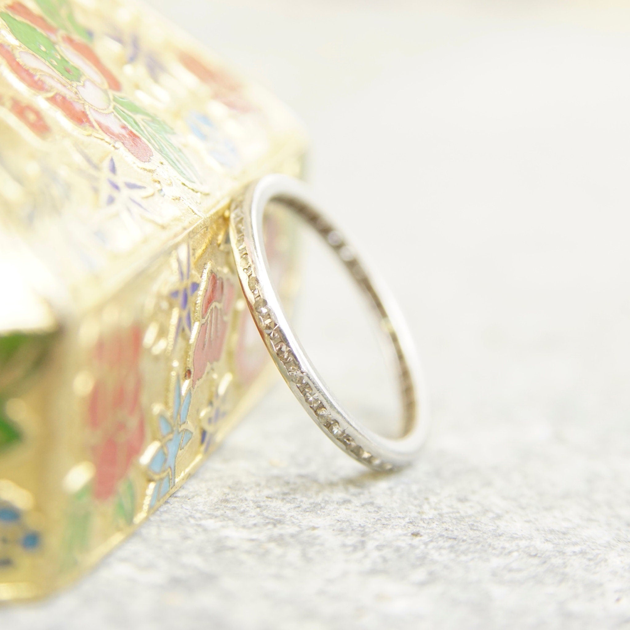 Vintage 18K White Gold Diamond Eternity Ring, 2mm Diamond Pave Band Ring, Minimalist Wedding Band, Petite/Thin Gold Ring, Size 6 3/4 US