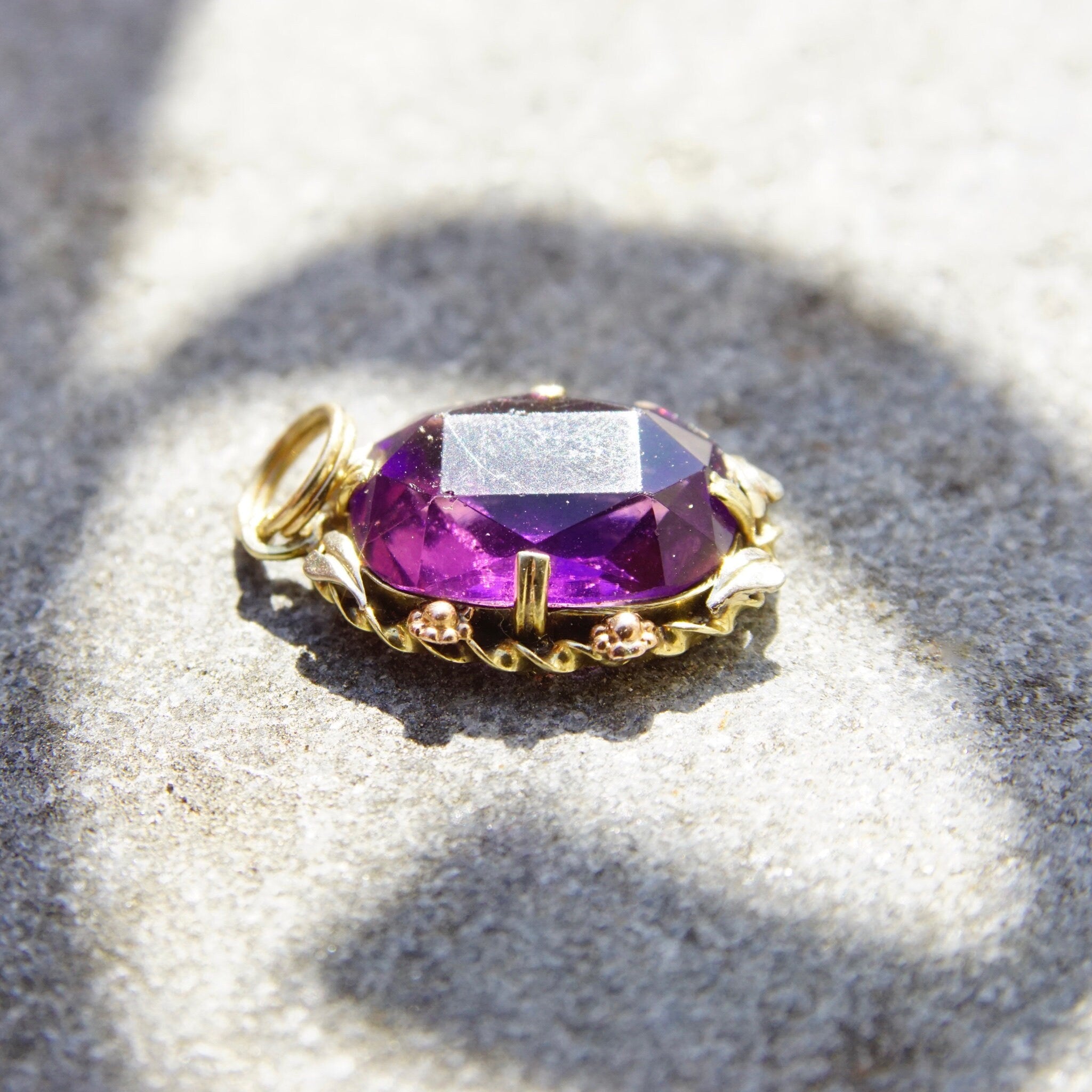Vintage 10K Gold Amethyst Glass Pendant, Vibrant Purple & Yellow Gold Necklace Pendant, Ornate Gold Pendant With Oval Cut Glass