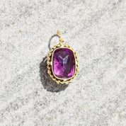 Vintage 10K Gold Amethyst Glass Pendant, Vibrant Purple & Yellow Gold Necklace Pendant, Ornate Gold Pendant With Oval Cut Glass