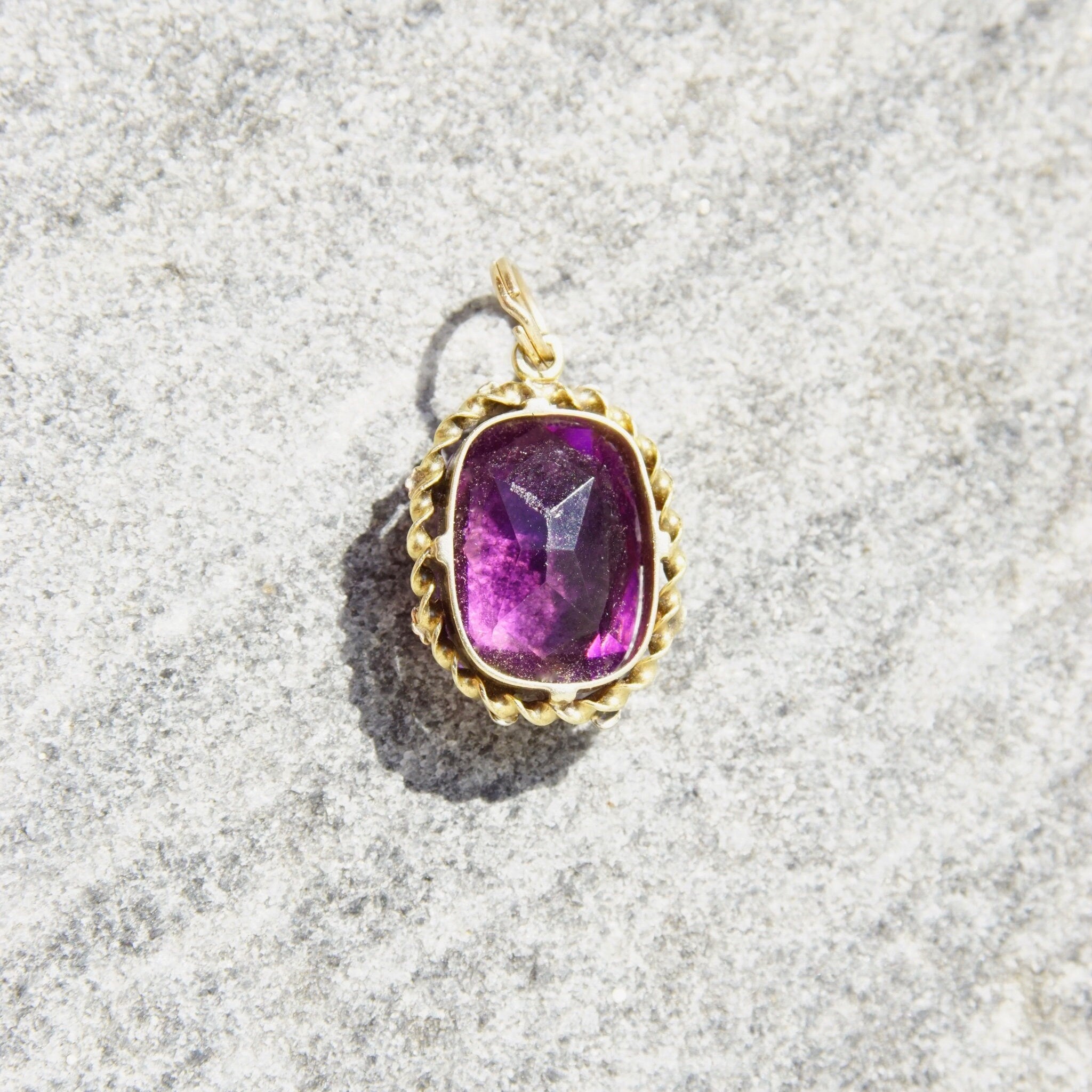 Vintage 10K Gold Amethyst Glass Pendant, Vibrant Purple & Yellow Gold Necklace Pendant, Ornate Gold Pendant With Oval Cut Glass