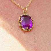 Vintage 10K Gold Amethyst Glass Pendant, Vibrant Purple & Yellow Gold Necklace Pendant, Ornate Gold Pendant With Oval Cut Glass