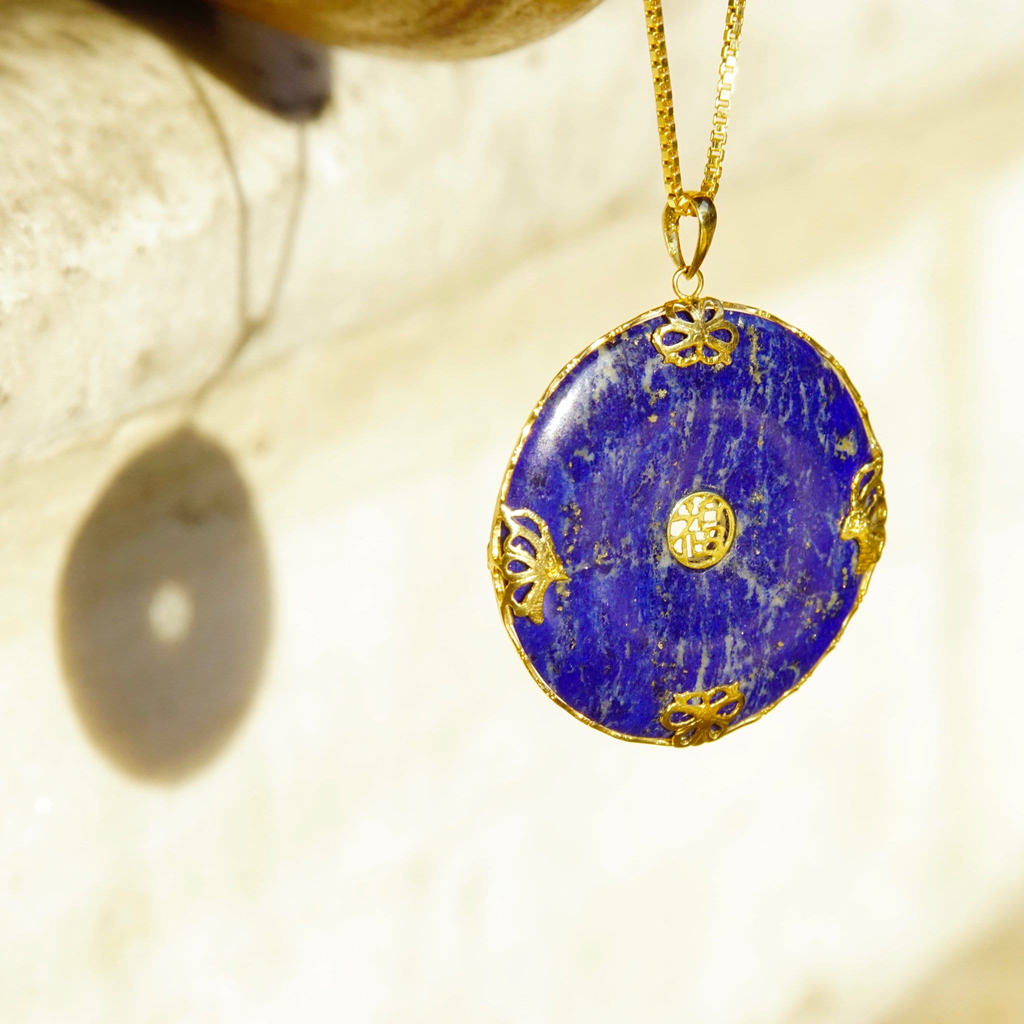 Vintage 14K Gold Lapis Lazuli Chinese Symbol Disc Pendant, Gorgeous Lapis Circle Pendant With Yellow Gold Butterfly Details, Natural Lapis