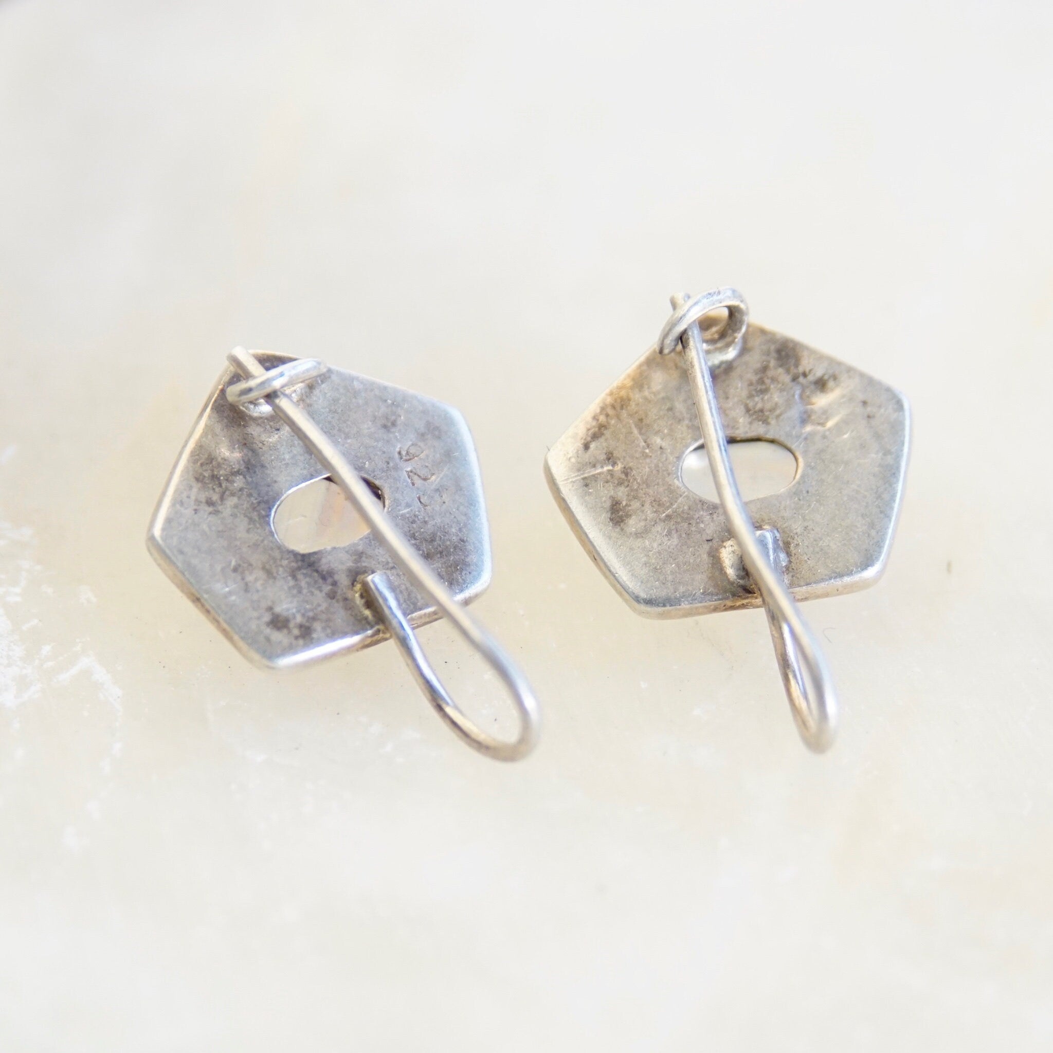 Vintage Sterling Silver Moonstone Drop Earrings, Iridescent Moonstone In Silver Pentagon Setting, Unique Silver Dangle Earrings, 7/8" L