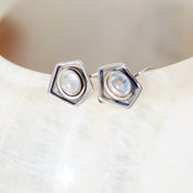 Vintage Sterling Silver Moonstone Drop Earrings, Iridescent Moonstone In Silver Pentagon Setting, Unique Silver Dangle Earrings, 7/8" L