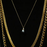 Vintage 14K Gold Tahitian Pearl Accent Diamond Teardrop Pendant Necklace, Delicate Gold Necklace With Black Pearl & Diamond Pendant, 18" L