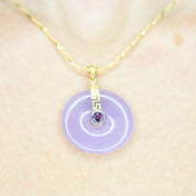 Vintage 14K Gold Lavender Jade & Amethyst Disc Pendant, 1" Diameter, Beautiful Purple Pendant With Gold Meander Design, 14K China
