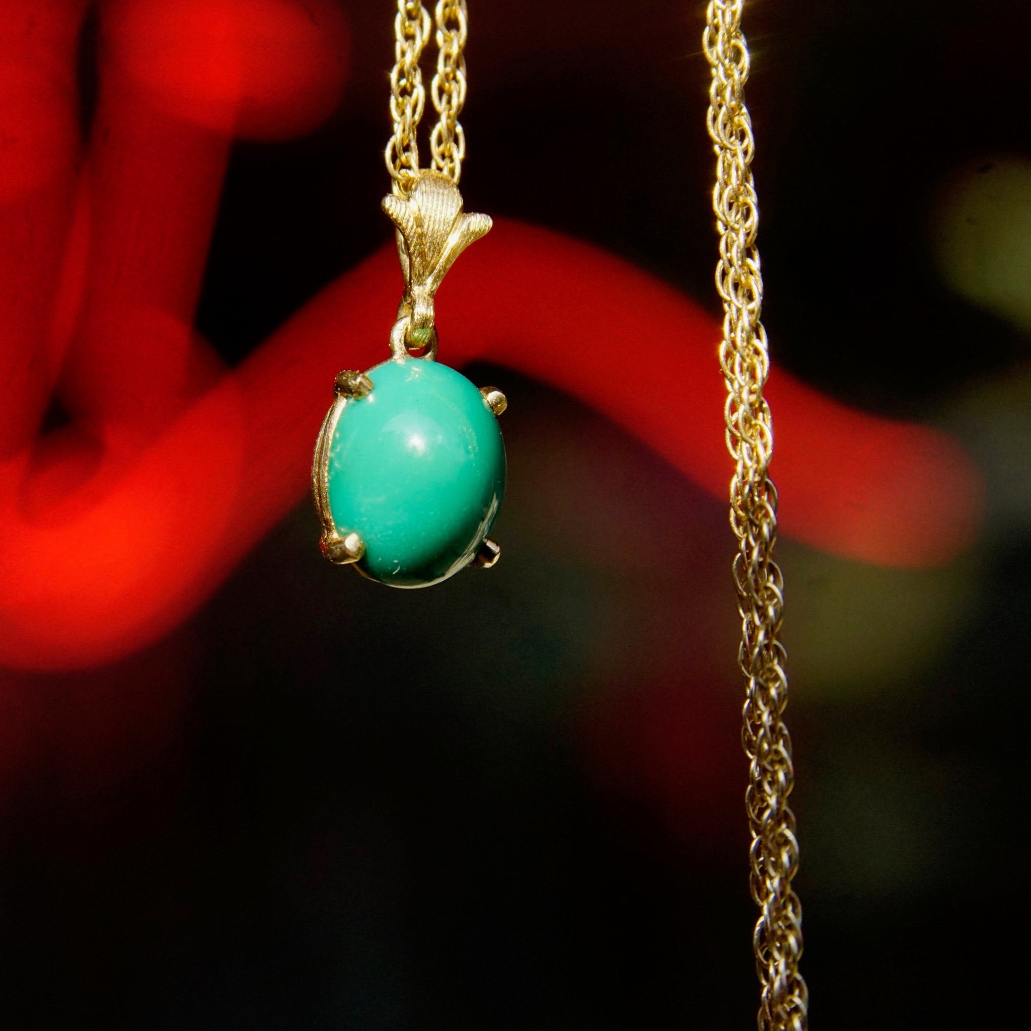 Vintage 14K Solitaire Turquoise Pendant Necklace, Prong Set Green Turquoise Stone Pendant, Delicate 14K Yellow Gold Chain, 18" Long