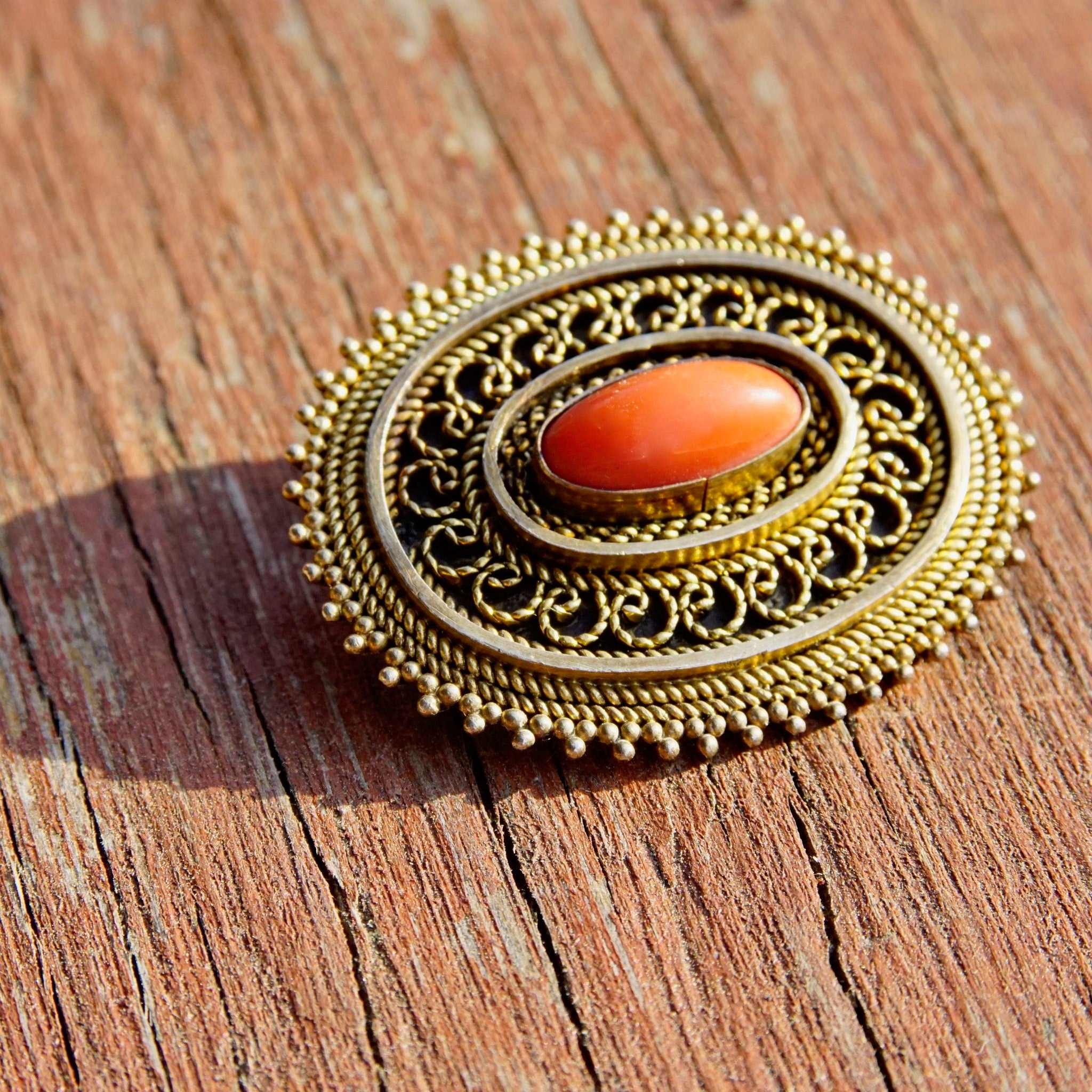 Vintage Israel 925 Gold Filigree Coral Brooch/Pendant, Ornate Gold Washed Pendant With Red Coral Stone, Gold Tone Sterling Silver Brooch