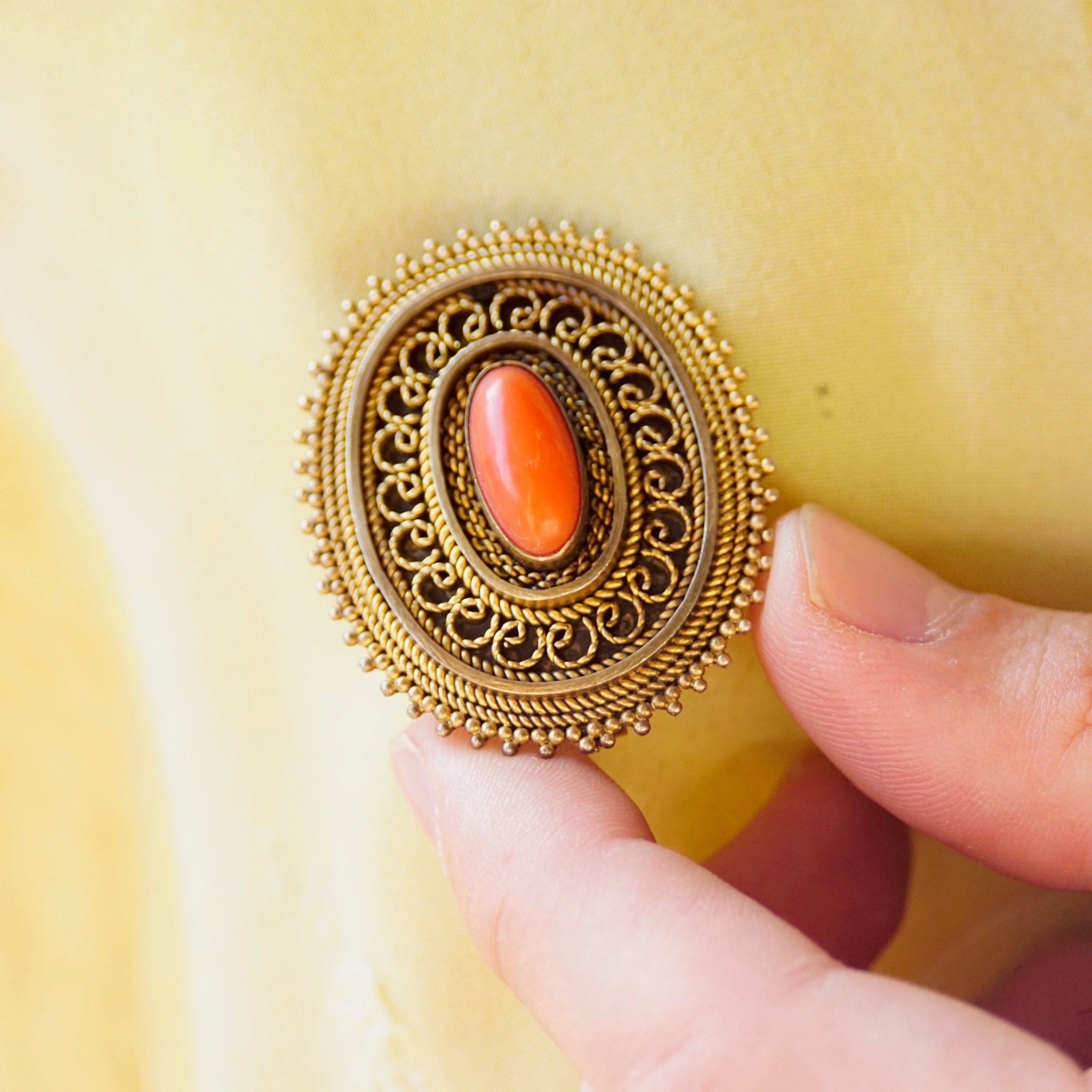 Vintage Israel 925 Gold Filigree Coral Brooch/Pendant, Ornate Gold Washed Pendant With Red Coral Stone, Gold Tone Sterling Silver Brooch