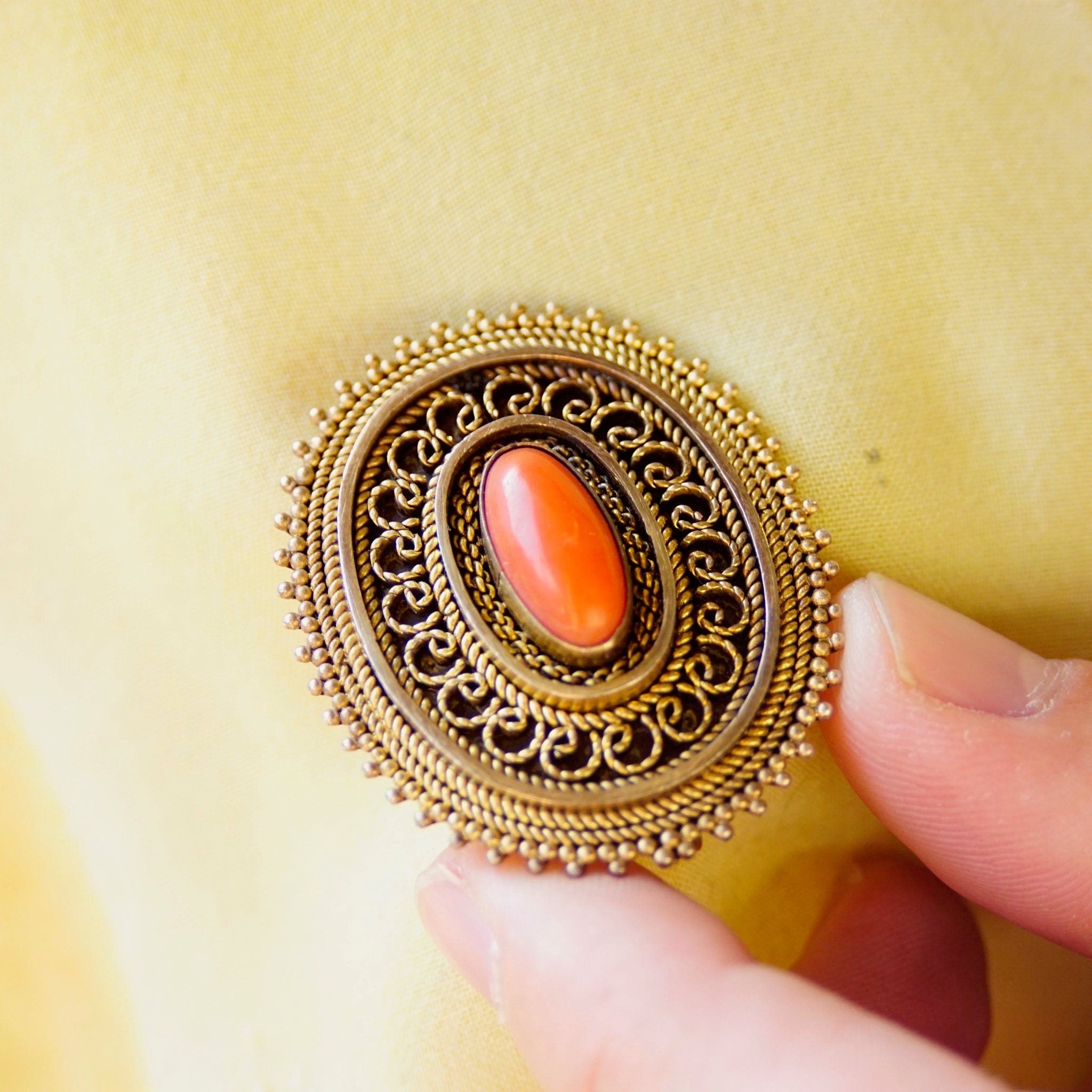 Vintage Israel 925 Gold Filigree Coral Brooch/Pendant, Ornate Gold Washed Pendant With Red Coral Stone, Gold Tone Sterling Silver Brooch