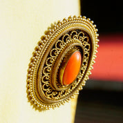 Vintage Israel 925 Gold Filigree Coral Brooch/Pendant, Ornate Gold Washed Pendant With Red Coral Stone, Gold Tone Sterling Silver Brooch