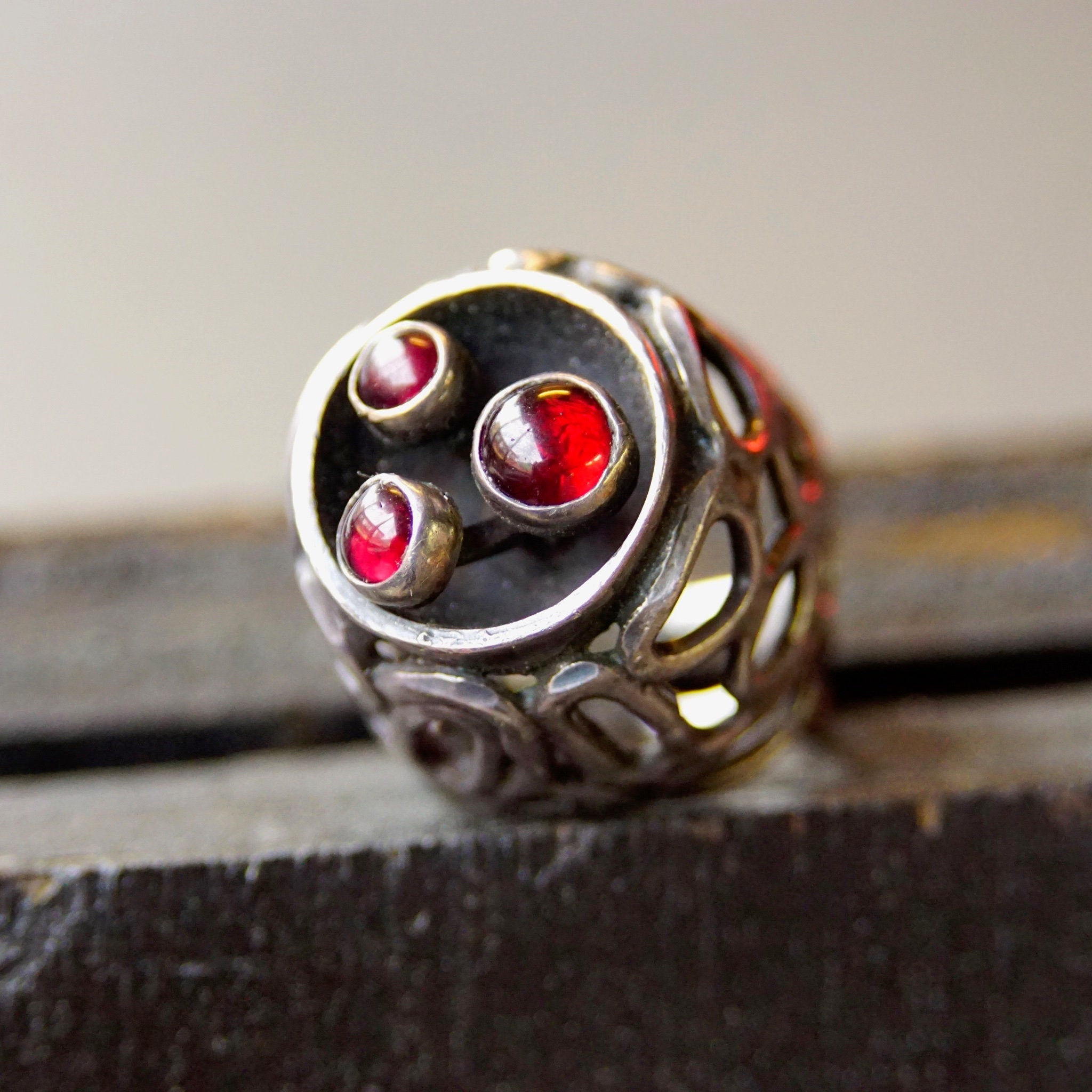 Vintage Signed Brutalist Modernist Sterling Silver & Garnet Dome Ring, Huge Raised Abstract Bubble Cut Out Ring, Oxidized Silver, Size 7 US