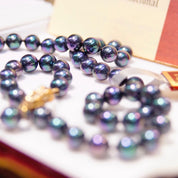 Vintage Majorica Iridescent Black Pearl Necklace, 8mm Simulated Pearls, Single Strand, 925 Fish Hook Clasp, Original Box & Paperwork, 19.5"