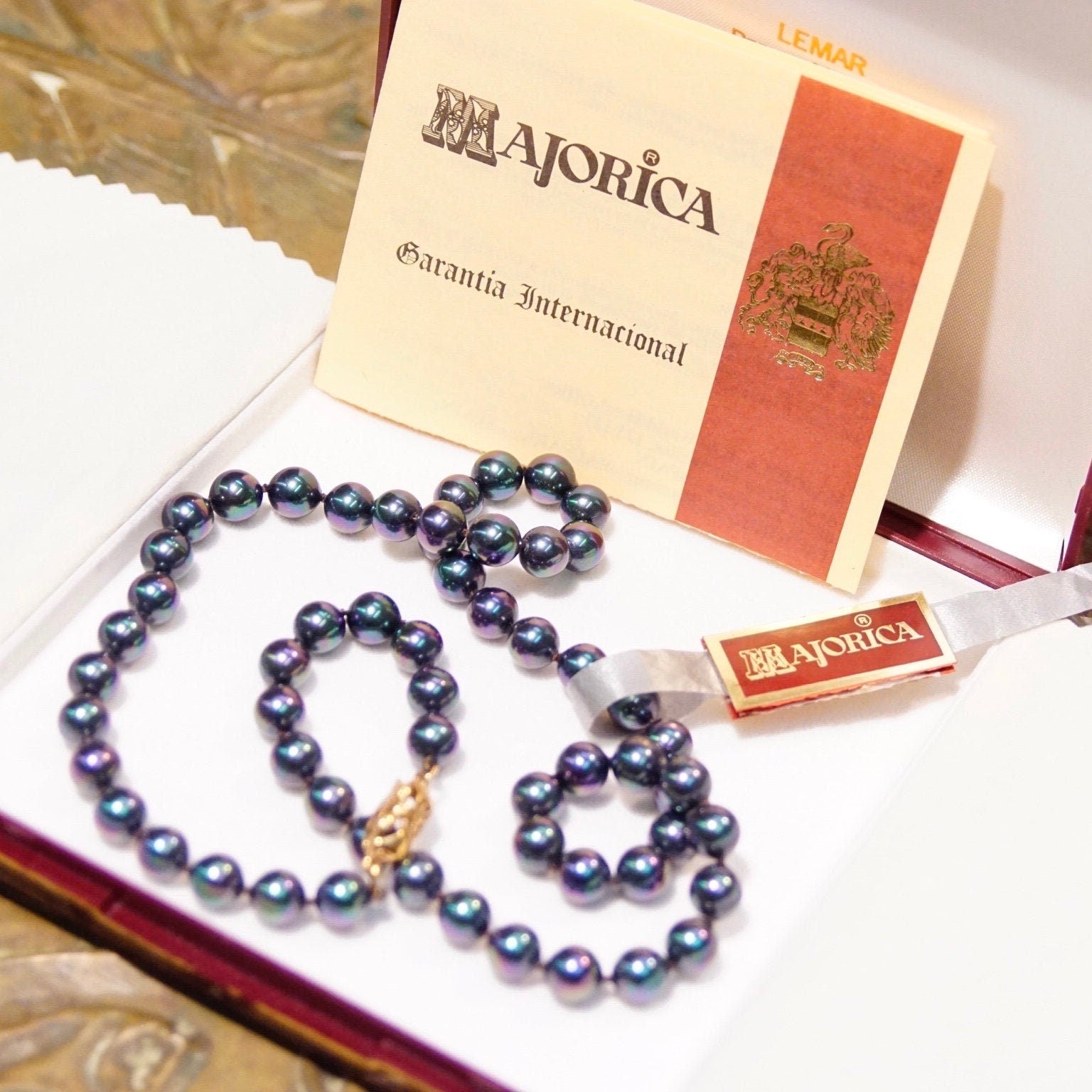 Vintage Majorica Iridescent Black Pearl Necklace, 8mm Simulated Pearls, Single Strand, 925 Fish Hook Clasp, Original Box & Paperwork, 19.5"