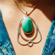 Vintage Peter Ernst Danish Modernist Sterling Silver Malachite Pendant Necklace, Large Pendant, 2mm Silver Herringbone Chain, 17 3/4" Long