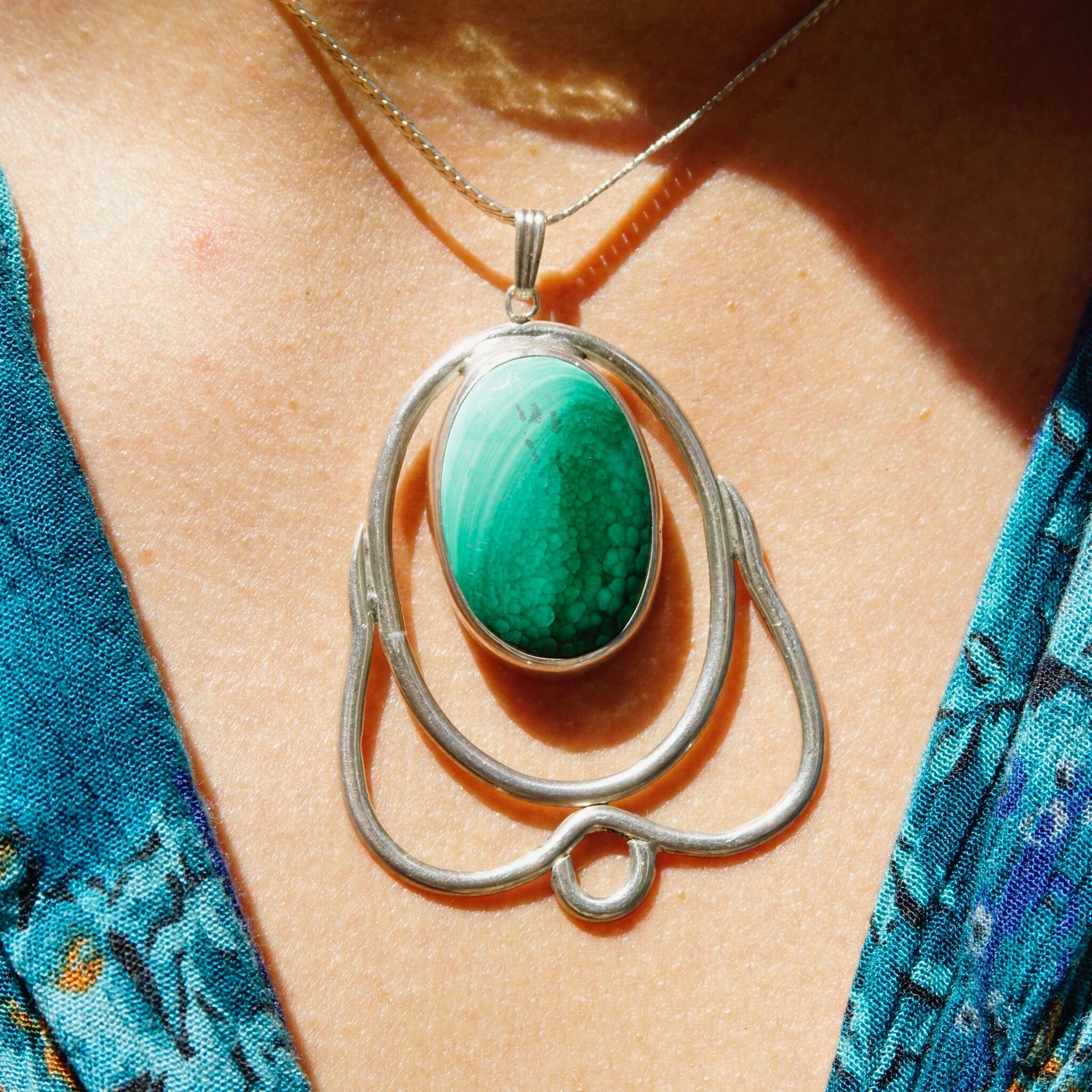 Vintage Peter Ernst Danish Modernist Sterling Silver Malachite Pendant Necklace, Large Pendant, 2mm Silver Herringbone Chain, 17 3/4" Long