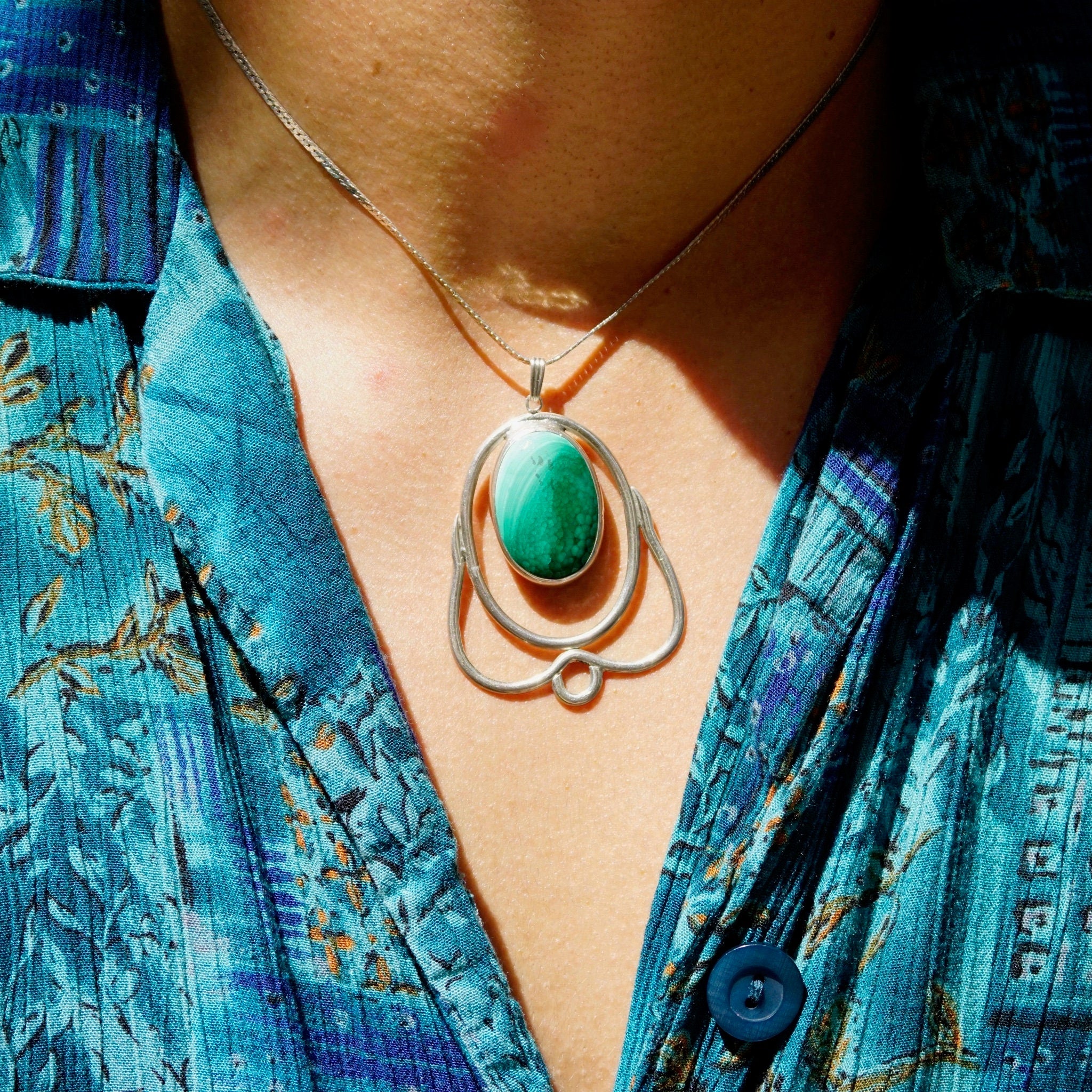 Vintage Peter Ernst Danish Modernist Sterling Silver Malachite Pendant Necklace, Large Pendant, 2mm Silver Herringbone Chain, 17 3/4" Long