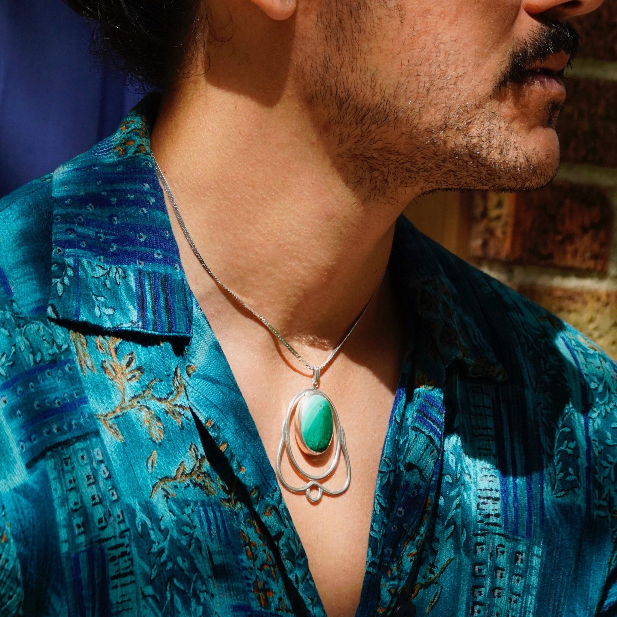 Vintage Peter Ernst Danish Modernist Sterling Silver Malachite Pendant Necklace, Large Pendant, 2mm Silver Herringbone Chain, 17 3/4" Long