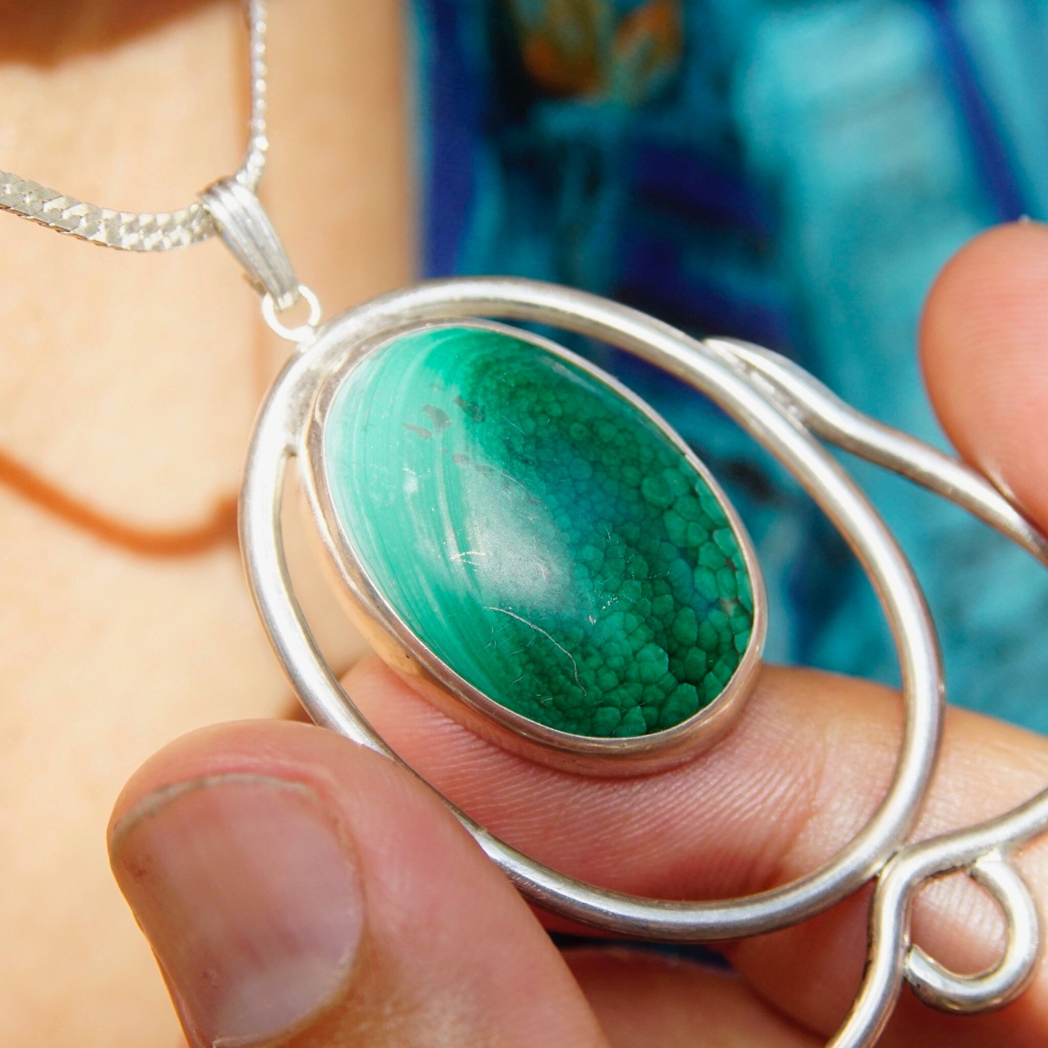 Vintage Peter Ernst Danish Modernist Sterling Silver Malachite Pendant Necklace, Large Pendant, 2mm Silver Herringbone Chain, 17 3/4" Long