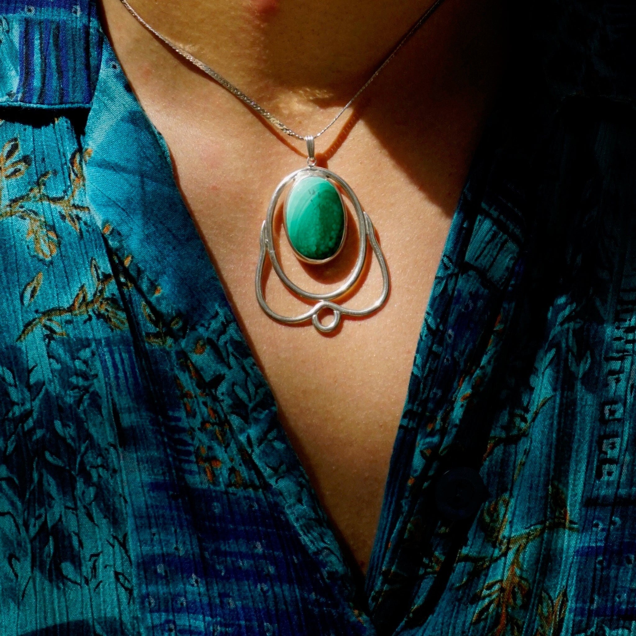 Vintage Peter Ernst Danish Modernist Sterling Silver Malachite Pendant Necklace, Large Pendant, 2mm Silver Herringbone Chain, 17 3/4" Long
