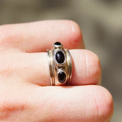Vintage Charles Kyprell Modernist Sterling Silver Onyx Ring, 3-Stone Black Onyx Ring, Graduated Silver Ring With Raised Stones, 7 1/2 US