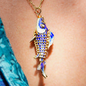 Vintage Chinese Cloisonne Enamel Koi Fish Pendant Necklace, Articulated Blue Enamel Pendant With Matching Gold Tone Chain, 23" Long