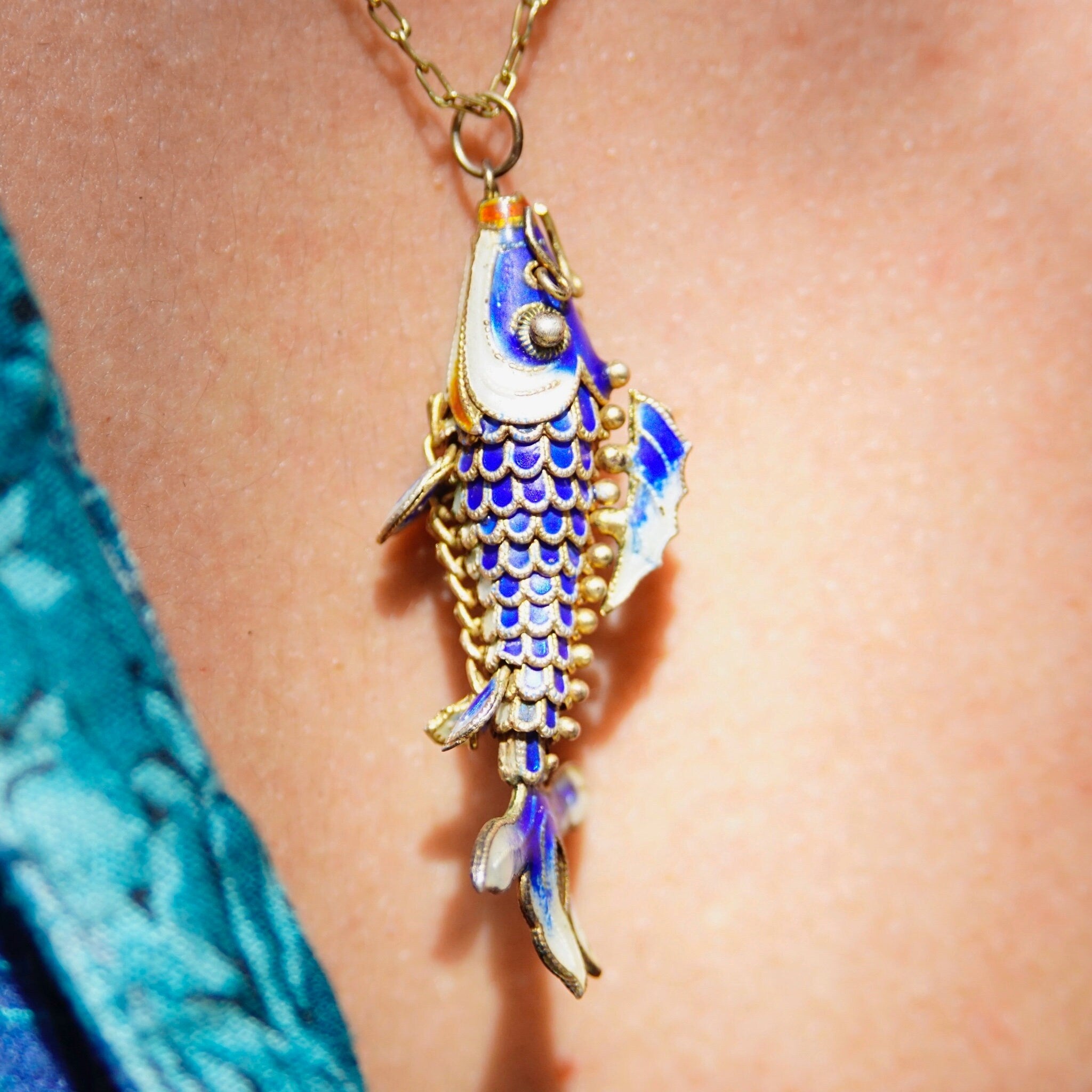 Vintage Chinese Cloisonne Enamel Koi Fish Pendant Necklace, Articulated Blue Enamel Pendant With Matching Gold Tone Chain, 23" Long