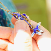 Vintage Chinese Cloisonne Enamel Koi Fish Pendant Necklace, Articulated Blue Enamel Pendant With Matching Gold Tone Chain, 23" Long